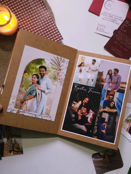 This page celebrates a couple's journey together. The mix of a large portrait with a collage of smaller moments creates a beautiful narrative, showing both the big picture and the small details of their love story.