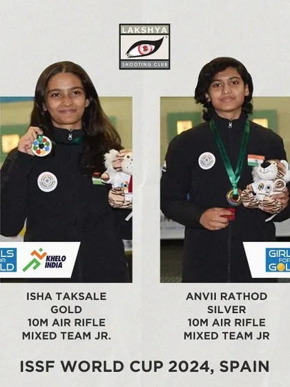 Our athletes Isha Taksale and Anvii Rathod secured Gold and Silver medals respectively in the 10m Air Rifle Mixed Team Junior event at the ISSF World Cup in Spain. It is a proud moment to see our shooters excel in team events.