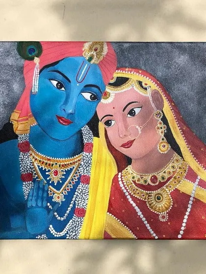 A close-up look at a Radha Krishna portrait, focusing on the tender expressions and detailed ornamentation. I use fine brushes to capture the intricate jewelry and fabric patterns, bringing their eternal love story to life.