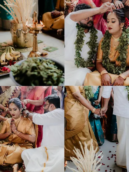 A collage capturing the essence of a South Indian wedding ceremony in Mumbai, from the sacred lamp and offerings to the tying of the mangalsutra.