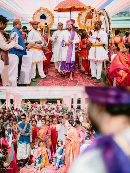 The groom's grand entrance (baraat) with his family and friends.