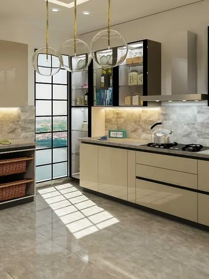 Natural light floods this modern kitchen, highlighting the glossy finish of the cabinets and the sleek pendant lights over the island. The design incorporates open wicker basket storage for a touch of rustic warmth.