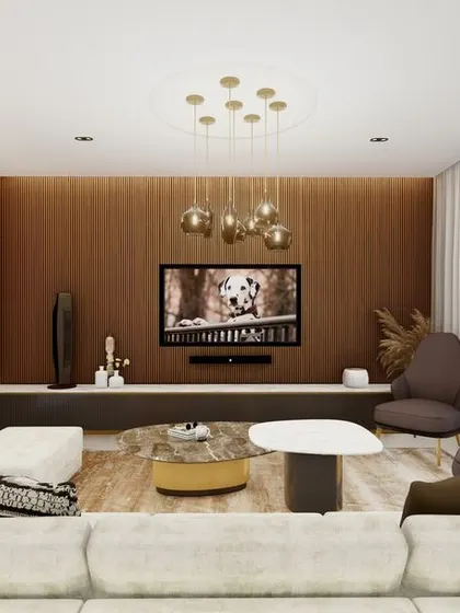This view of the apartment concept shows the living area with a fluted wood accent wall for the media unit. We used concealed doors within the wall paneling to maintain a clean, minimalist aesthetic.