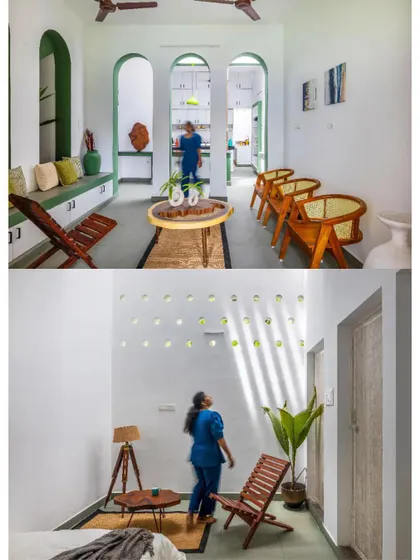 A split view of the home's interior, showing the bright, airy living spaces with arched doorways and a bedroom where light patterns from frustum holes dance on the wall.