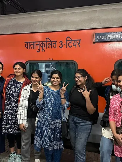 The girls posing for one last picture before boarding the train to Delhi. This journey was a significant milestone for them and for Nrithyakuteera.