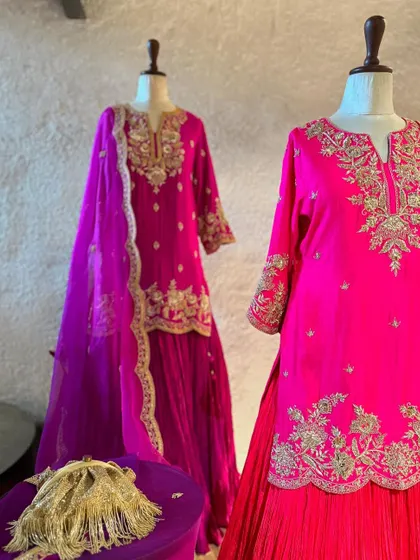 A detailed look at the exquisite gold embroidery on these sharara sets. The craftsmanship is what makes these pieces heirloom-worthy.