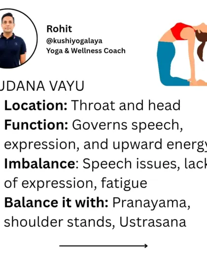 The fourth is Udana Vayu, located in the throat. It governs speech and expression. We balance it with poses like shoulder stand and Ustrasana (Camel Pose).