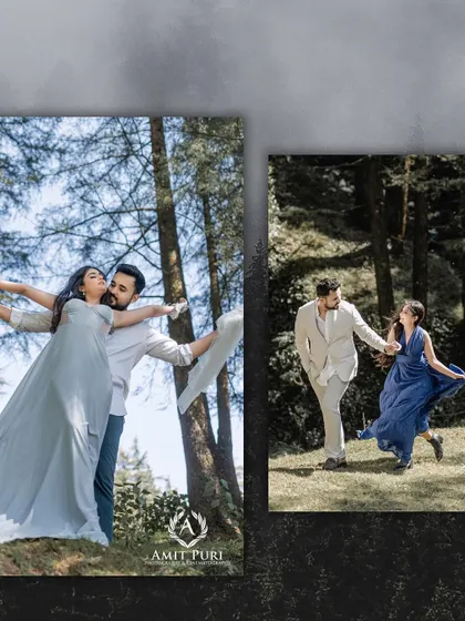 A collage of dynamic and joyful moments in the forest. The couple is seen running and dancing, their movements full of energy and happiness, perfectly captured in the natural light.