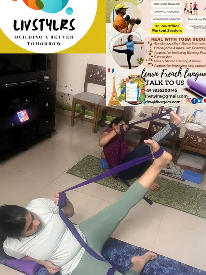 Clients use yoga straps for assisted leg stretches, a key part of our flexibility and recovery sessions. The flyer overlay reinforces the breadth of our services.