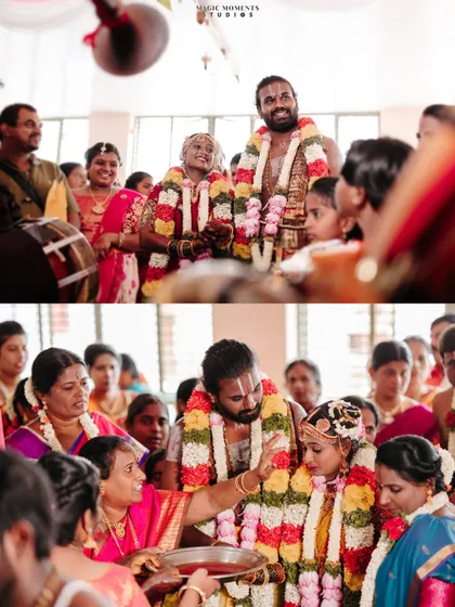 A collage showing the couple surrounded by family during their wedding ceremony, capturing the community and blessings that are part of the day.