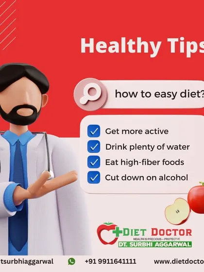 This graphic offers four easy diet tips for anyone starting out: get more active, drink plenty of water, eat high fiber foods, and cut down on alcohol.