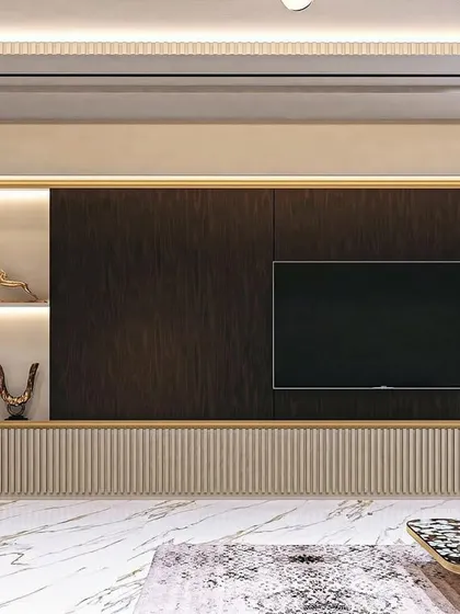 A close-up of a modern TV unit design. The combination of dark, textured material for the main panel and light, fluted panels on the side creates a beautiful contrast, with integrated shelving for displaying art.