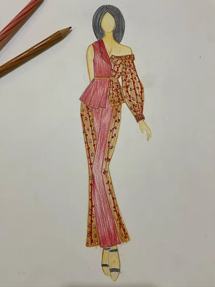 An illustration of an indo-western jumpsuit with a peplum top and one printed sleeve.