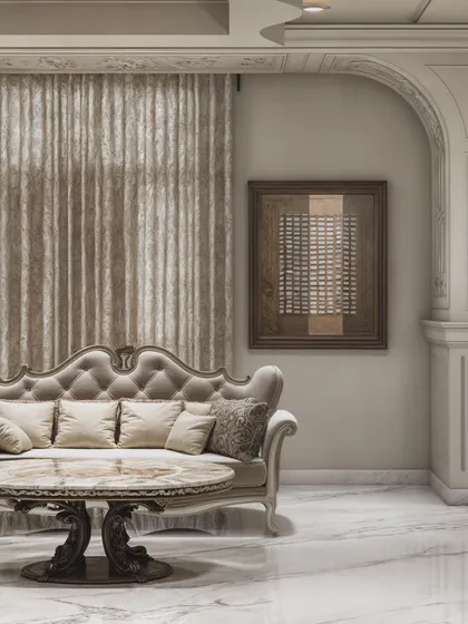A classical living room with ornate, tufted sofas and a heavy, carved marble coffee table. The render captures the essence of traditional European luxury.