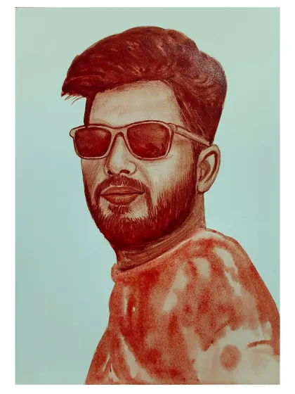 A cool and casual solo portrait in blood, featuring a man in sunglasses and a turtleneck sweater.