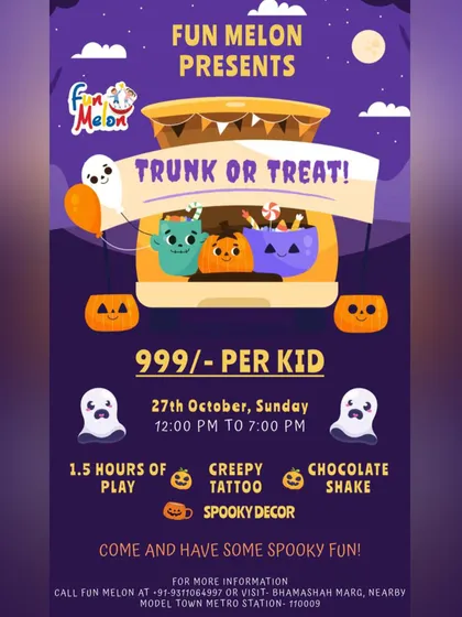 My "Trunk or Treat" Halloween event poster, offering a package of playtime, creepy tattoos, and spooky decor.