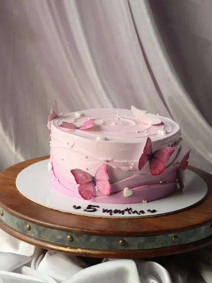 A simple pink ombre cake for a 5-month celebration, adorned with beautiful butterflies.