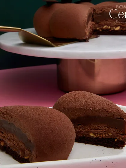 Here you can see the rich interior of my Chocolate Dreams entremet. It is an indulgent explosion of rich chocolate, complemented by luscious caramel ganache with hints of hazelnut.