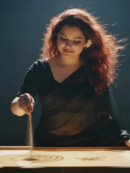 This is me, Manisha, at my lightbox where every story begins. With just light, sand, and my hands, I shape your ideas into a flowing visual narrative. It’s a joy to pour my heart into this craft and create something special for you.