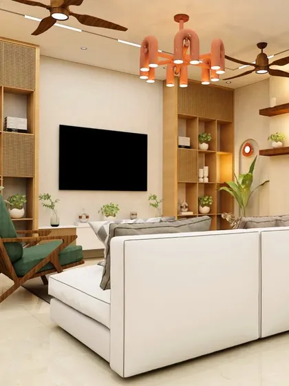 A 3D render of the playful living room, showing the full space with its comfortable white sofa and ample shelving for plants and decor.