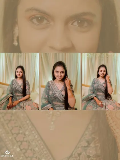 A collage of the bride looking elegant and happy in her reception lehenga.