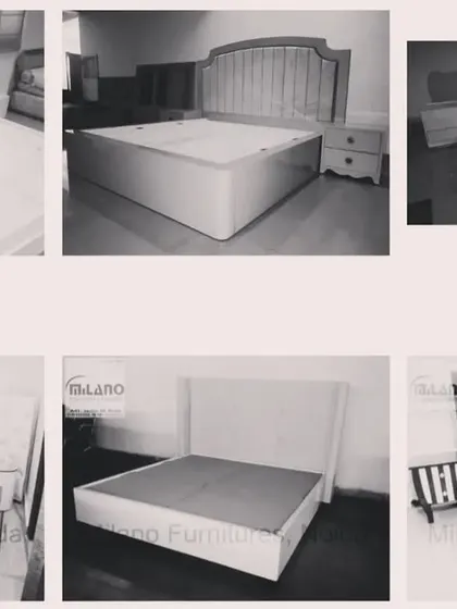 A collage of some of our bestselling king-size bed designs. This shows the variety we offer, from fully upholstered beds to high-gloss and solid wood frames.