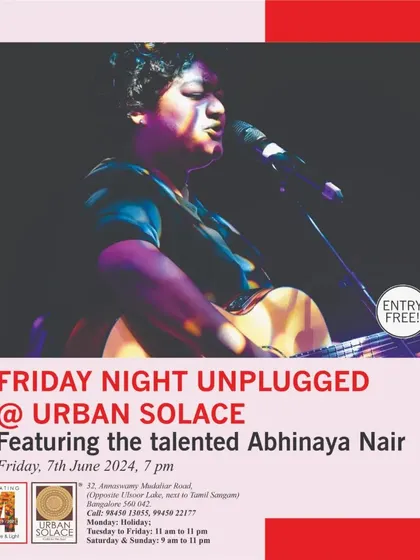 A poster for our Pride Month celebration featuring queer artist Abhinaya Nair. Their music, which explores queer experiences, connects deeply with our audience.