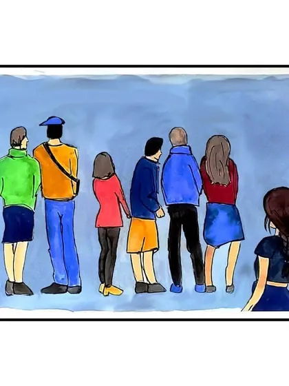 'Duniya ki is bheed mein, sabse peeche hum khade'. This translates to 'In this crowd of the world, I am standing at the very back'. A watercolor piece inspired by a song that perfectly captured a feeling of being lost and alone.