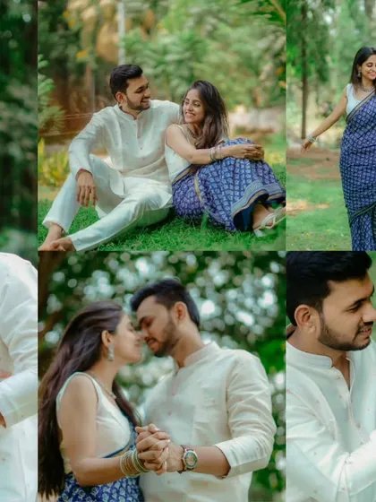 A beautiful collage summarizing a traditional pre-wedding shoot in a park. It showcases a variety of romantic, playful, and intimate moments between Umesh and Janhavi.