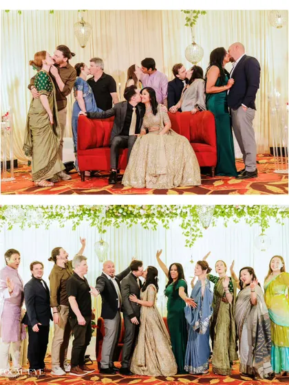 A fun and loving group portrait of Spencer and Namrata with their families from both cultures, celebrating together at the reception.