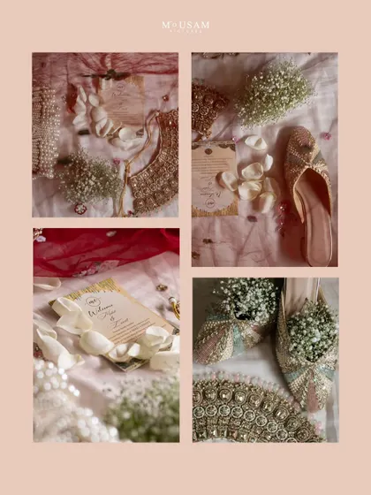 A collage of delicate and beautiful wedding details. The invitation, the bride's shoes filled with baby's breath, and her jewelry are all captured in a soft, romantic style.