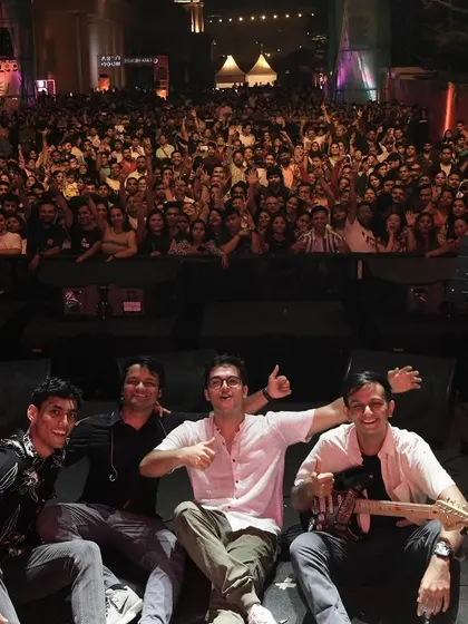Me and the Maskie band after an incredible show in Lucknow. The best part of any gig is sharing the stage with these talented musicians and celebrating with a happy crowd. This is what a successful full band performance looks like.