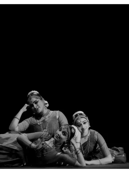 Another artistic, black and white shot of my dancers. This composition focuses on the expressive faces and graceful postures that are the hallmark of a trained Bharatanatyam artist.