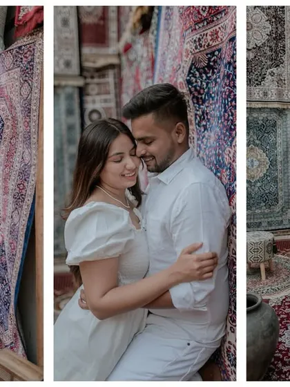 A collage of intimate and romantic poses against the vibrant backdrop of carpets.
