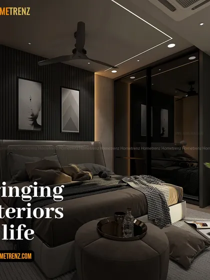The same bedroom from a different angle, showcasing how the dark tones and ambient lighting work together to bring the interior to life.