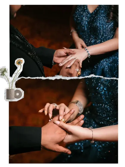 A creative collage showing the moment of the ring exchange. The torn paper and sticker effect adds a modern and scrapbook-like feel to the memory.