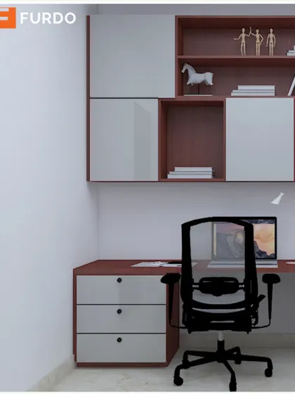 A closer look at the study unit, showing the combination of open and closed storage for a clean and organized workspace.