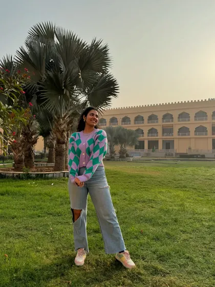 A cute and cozy look for a slightly chilly evening in Rajasthan. I paired a lilac and green argyle cardigan with my go-to jeans.