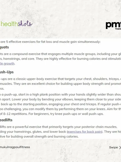 This Health Shots article features my top 5 exercises to boost fat loss and muscle gain at the same time. It covers compound movements like squats, push-ups, and deadlifts.