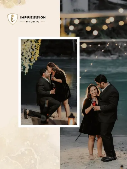 This collage captures the essence of a romantic evening proposal. From getting down on one knee to celebrating with a toast, it tells a complete story of a pivotal moment in their journey.