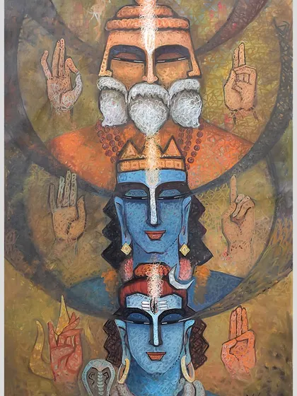 'The Creator - II', a 26x44 inch acrylic on canvas painting for Guru Purnima, celebrating the divine trinity of Brahma, Vishnu, and Shiva.