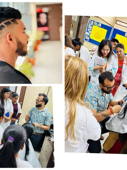 This collage highlights our expertise in men's grooming. It features a creative, graphic haircut design alongside a snapshot of our interactive and hands-on classroom training.