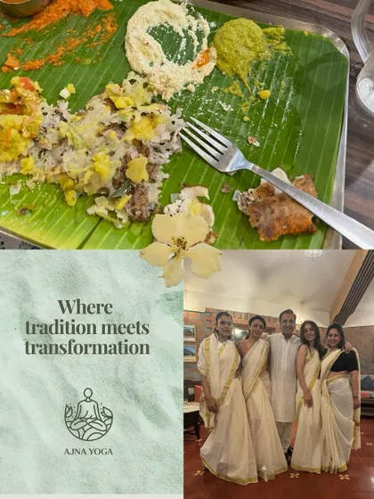 Where tradition meets transformation. A traditional Sadhya meal served on a banana leaf in Kerala, alongside our Sangat dressed in beautiful local attire, shows the deep cultural immersion of our retreats.