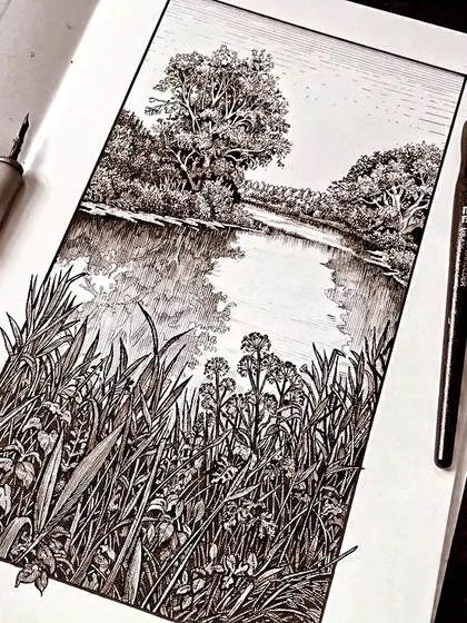 Explore the timeless art of ink illustration with us. This intricate landscape, created with fine pen work and cross-hatching, demonstrates the detailed techniques we teach for creating powerful black and white compositions.