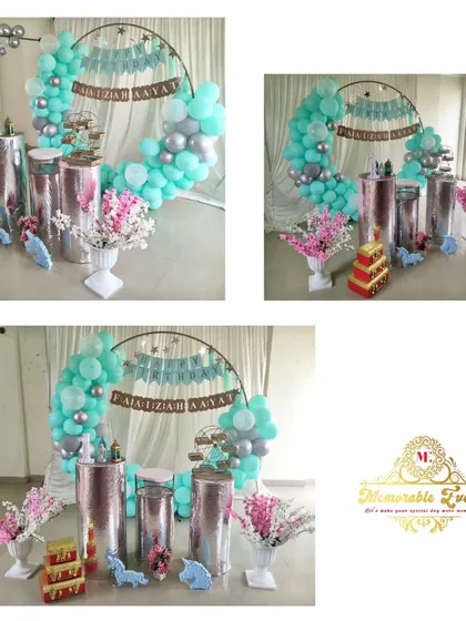 A collage of a birthday setup with teal and silver balloons and shiny silver plinths.