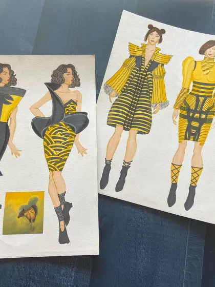 A collection of avant-garde designs in yellow and black, inspired by bees.