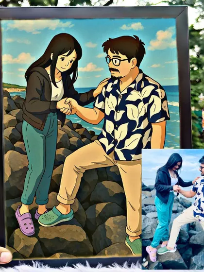 See how I transform a real photo into a beautiful Ghibli-style art frame. This 8x12 inch frame captures the whimsical and romantic feel of the famous anime studio.