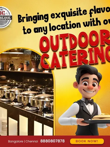 We bring exquisite flavors to any location. This animated graphic emphasizes that our renowned buffet and professional service can be set up wherever your event is.