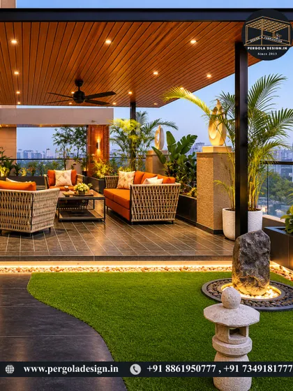 A rooftop transformed into a luxury escape. This pergola design incorporates a wood-finish ceiling, comfortable lounge furniture, and beautiful landscaping with a water feature, creating a resort-like ambiance with a city view.