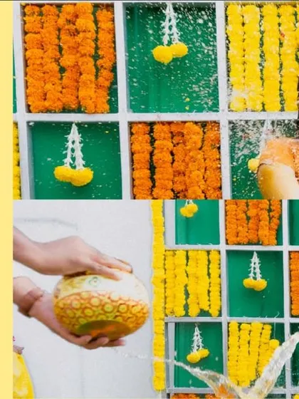 A collage capturing the high-energy water rituals of a Haldi ceremony. The splashes and joyful expressions make for dynamic and unforgettable photos.